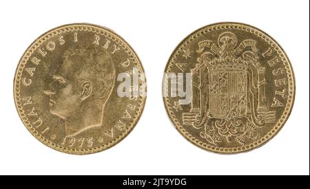 Eine ( 1 ) Peseta-Münze aus Spanien mit der Sphinx von König Juan Carlos I. und dem Verfassungswappen Stockfoto