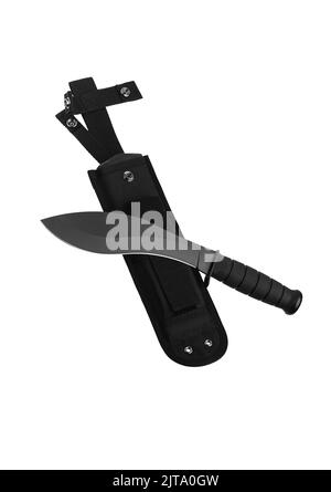 Ein großes Machete-Messer mit einer schwarzen gebogenen Klinge. Moderne kantige Waffen. Isolieren auf weißem Hintergrund. Stockfoto