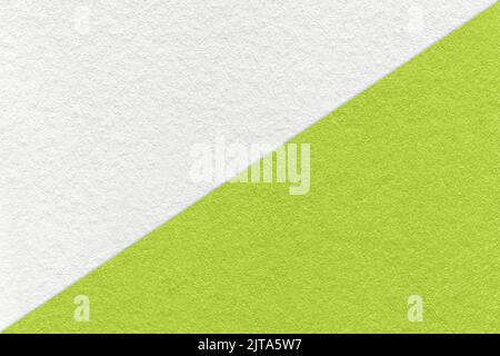 Textur von Handwerk weiß und grün Papier Hintergrund, halb zwei Farben, Makro. Struktur aus vintage dichtem Kraftkarton. Fühlte mich abstrakt Hintergrund Nahaufnahme. Stockfoto