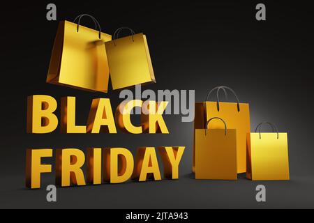Goldene Einkaufstaschen und der goldene Text Black Friday. Illustration von großem Verkauf und Rabatt am Black Friday Promotion-Tag Stockfoto