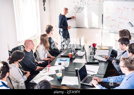 Informelles IT-Startup-Unternehmensmeeting. Der Teamleiter diskutiert und führt ein Brainstorming zu neuen Projekten und Ideen mit Kollegen durch. Startup-Unternehmen und Stockfoto