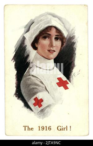 Original WW1 Ära farbige Postkarte einer attraktiven roten Kreuzschwester, Kriegsarbeiter Heimatfront, das 1916 Mädchen, Großbritannien Stockfoto