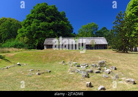 Fachwerk reetgedeckten Scheune aus 1550, National History Museum, St Fagans, Cardiff, Südwales, UK. Stockfoto