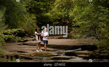 Die Leute schauen sich den ausgetrockneten River Barrow im Glen Barrow Forrest in der Nähe von Portlaoise in Co Laois an. Bilddatum: Montag, 29. August 2022. Stockfoto