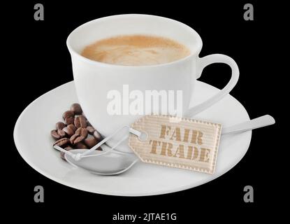 1 Tasse Kaffee und Fair Trade Label auf schwarzem Hintergrund Stockfoto
