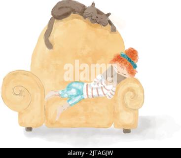 Mädchen Kind liest ein Buch auf dem Sofa mit ihrer niedlichen Katze - handbemalte Aquarell-Illustration isoliert auf weißem Hintergrund Stock Vektor