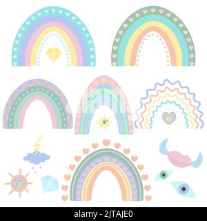 Regenbogen. Vektor-Set mit Illustrationen. Isolierter weißer Hintergrund. Boho-Stil. Farbenfrohe Kollektion. Ein auffallendes Naturphänomen. Ethnische Motive. Stock Vektor