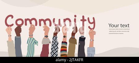 Gruppe von verschiedenen und multikulturellen Menschen mit Händen halten Briefe bilden Text -Community- Diversity Menschen. Teamwork Community.Cooperation.Team Stock Vektor