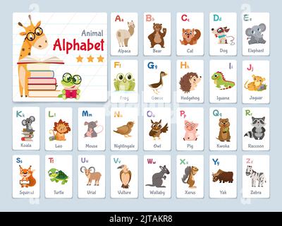 Alphabet Flash-Karten für das Lernen von Buchstaben in Kindergartenkindern. Kinder ABC-Flashcard mit Cartoon-Tieren. Niedliche Schriftzeichen und englische Wörter für Schüler in der Schule. Educational Preschool Vektorset. Stock Vektor