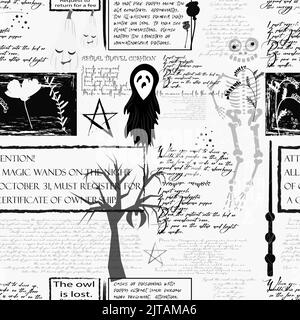 Nahtloses Muster alte Zeitung, digitales Papier Vintage Zeitung. Halloween. Ein Rezept für einen Zaubertrank. Stock Vektor