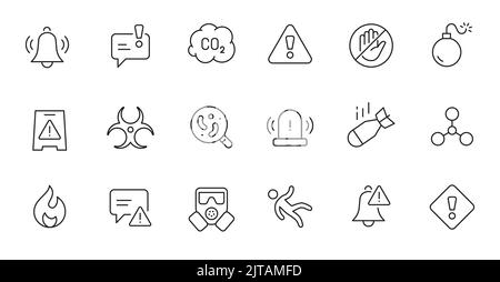 Symbol für die Linie „Gefahr für biologische Gefahr“ gesetzt. Brandgefahr, giftige, chemische Strahlung Zeichen. Warnsymbol für Viren, Bomben, Gasmasken. Dünne Linie bearbeitbares Konturzeichen. Vektorgrafik. Stock Vektor
