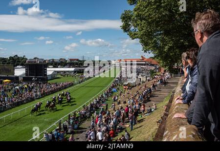 Die Narren stürmen ein und Harry Davies gewinnen am Sonntag, den 31.. Juli 2022, den Kids Pass Handicap auf der Rennbahn von Chester Stockfoto