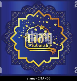 Ein vertikales arabisches Grußkartendesign mit blauem Hintergrund und goldenem Text. Eid Mubarak. Stock Vektor