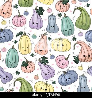 Halloween Vektor nahtloses Muster mit Kawaii niedlichen Kürbis. Kindlicher Hintergrund für Stoff, Geschenkpapier, Textil, Tapete und Bekleidung. Stock Vektor