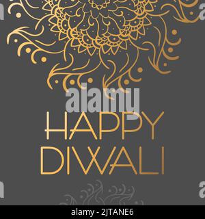 Frohes Diwali. Grußbanner mit Schriftzug, grauem Hintergrund und Mandala Stock Vektor