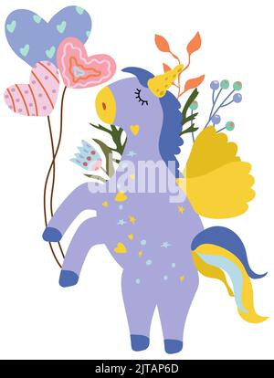 Fantastische niedliche Einhorn mit bunten Schwanz halten den Ballon, Blumen und Blätter. Poster mit magischem Pferd kann als Erstellung von Karte, Banner, Geburtstag und andere Feiertage verwendet werden. Vektorgrafik. Stock Vektor