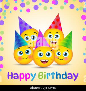 Geburtstag Smiley Emojis Vektor Grußkarte. Fröhliche Freunde, lustiges Vektor-Banner-Design in gelbem Hintergrund mit buntem Text. Vektorgrafik. Stock Vektor