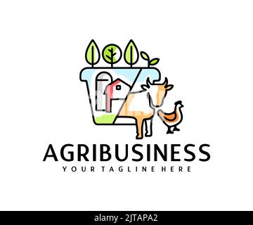 Landwirtschaft, Silos oder Lagerung, Stall, Pflanzen, Kuh und Huhn, Logo-Design. Landwirtschaft, Bauernhof, Landwirtschaft, Garten- und Tierhaltung, Vektordesign Stock Vektor