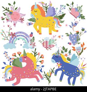 Niedliche bunte Einhörner mit Blumen und Blättern, Cartoon-Sonne, Regenbogen und andere. Magische Pferde in verschiedenen Posen. Feen Kompositionen perfekt für Grußkarten, Postkarten, Banner. Vektor. Stock Vektor