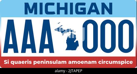 Kfz-Kennzeichen in Michigan in den Vereinigten Staaten von Amerika, Kfz-Kennzeichen.Kfz-Kennzeichen von verschiedenen amerikanischen Staaten.Vintage-Druck Stock Vektor