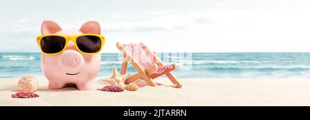 Sparschwein auf Urlaub. Geld sparen - Konzept Stockfoto