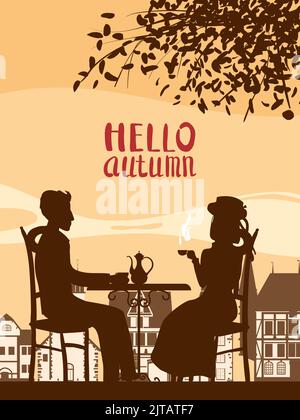 Poster Hello Coffee Street Cafe, Pärchen am Tisch, Herbststimmung Stock Vektor