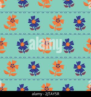 Wilde tropische Blume nahtlose Vektor-Muster Hintergrund. Moderner Stil neonblau orange Blumen geometrische Kulisse. Von Hand gezeichnete Linie Art Umriss Stock Vektor