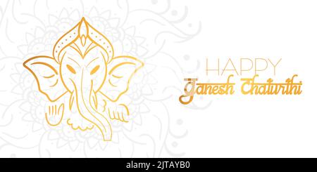 Happy Ganesh Chaturthai Festivalvorlage mit Lord Ganesha Head. Weißes horizontales Banner mit Mandala auf dem Hintergrund Stock Vektor