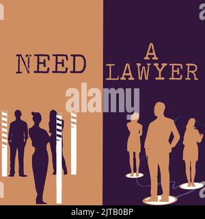 Schreiben von angezeigten Text benötigen Einen Anwalt. Wort geschrieben über das Angebot von Rechtsberatung Rechtsanwalt Beratung Beratung Mann sitzt auf dem Schreibtisch arbeiten und präsentieren Stockfoto