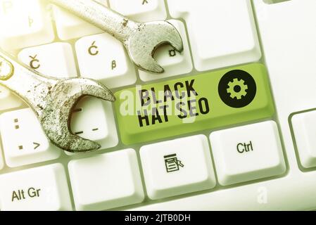 Konzeptunterschrift Black hat Seo. Wort für Suchmaschinen-Optimierung mit Techniken zu betrügen Browser Speech Bubble auf dem Boden mit wichtig Stockfoto