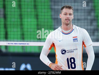 LJUBLJANA, SLOWENIEN - 29. AUGUST: Robbert Andringa aus den Niederlanden reagiert während der Volleyball-Weltmeisterschaft der Männer der FIVB - Pool F - Vorbereitungsphase-Spiel zwischen den Niederlanden und Argentinien in der Arena Stozice am 29. August 2022 in Ljubljana, Slowenien (Foto: Borut Zivulovic/BSR Agency) Stockfoto