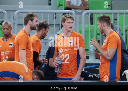 LJUBLJANA, SLOWENIEN - 29. AUGUST: Der Niederländer Twan Wiltenburg reagiert während der Volleyball-Weltmeisterschaft der Männer der FIVB - Pool F - Vorbereitungsphase-Spiel zwischen den Niederlanden und Argentinien in der Arena Stozice am 29. August 2022 in Ljubljana, Slowenien (Foto: Borut Zivulovic/BSR Agency) Stockfoto