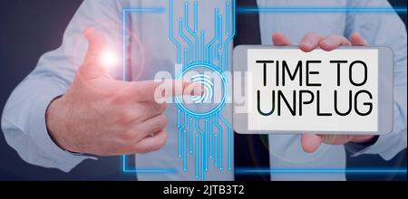Hand schreiben Zeichen Zeit, um den Stecker zu ziehen. Geschäftskonzept Entspannung Aufgeben der Arbeit Abschalten von allem Stockfoto