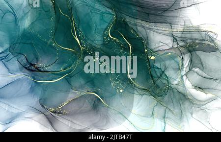 Alcohol Ink abstrakte Textur Design Hintergrund grüne Farbe mit goldener Textur Marmor-Effekt Stockfoto