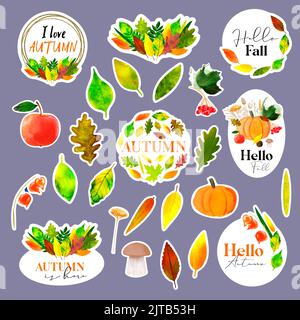 Set Sticker Hello Autumn mit Herbstillustration mit bunten Blättern und Herbsternte Stock Vektor