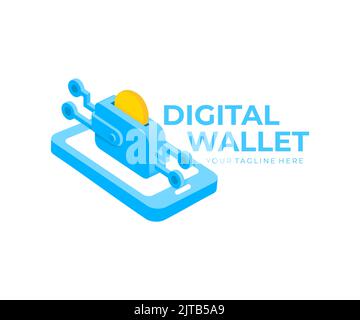 Digitale Brieftasche, Münze, Smartphone, E-Commerce und Zahlung, Logo-Design. Blockchain-Technologie, Finanzen und mobiles Banking, Vektordesign Stock Vektor