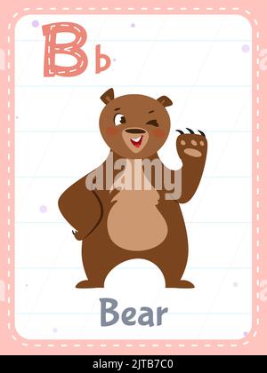 Alphabet bedruckbare Flashcard mit Buchstabe B. Cartoon niedlichen Bären Tierbild und englisches Wort auf Flash-Karte für Kinder Bildung. Schule Speicherkarten für Kindergarten Kinder flache Vektor-Illustration Stock Vektor