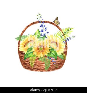 Handbemalte Aquarellillustration. Ein Korb voller Sonnenblumen und Farne mit Schmetterling. Sie können in zum Drucken von Karten, Holday-Einladungen und verwenden Stockfoto