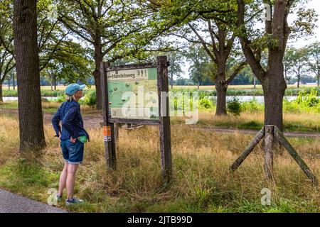 Ein Informationsschild über den historischen „Handelsweg“ steht neben einem Kanal in der Nähe von Ambt Delden, Gemeinde Hof van Twente, Niederlande. Die alte Handelsroute folgte einst der Trasse des heutigen Radwegs entlang des Wassers. Die Journalistin Angela Berg bleibt stehen, um es zu lesen. Stockfoto