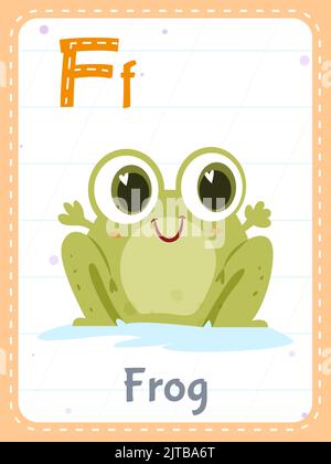 Alphabet Flashcard mit Buchstabe F. Cartoon niedlichen Frosch Tier Bild und englisches Wort auf Flash-Karte für Kinder Bildung. Schule Speicherkarten für Kindergarten Kinder flache Vektor-Illustration. Stock Vektor