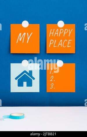 Konzeptionelle Darstellung My Happy Place. Geschäftskonzept Raum, wo Sie sich wohl fühlen glücklich entspannt inspiriert Frau Holding Tablet Anzeigen Neu Stockfoto