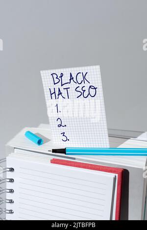 Textunterschrift mit Black hat Seo. Konzeptionelle Foto Suchmaschinen-Optimierung mit Techniken zu betrügen Browser Rahmen mit bunten geschmückt Stockfoto