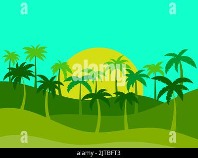 Tropische Landschaft mit Palmen in minimalistischem Stil. Die Konturen von Palmen vor dem Hintergrund der Sonne in flachem Stil. Design für den Druck Stock Vektor
