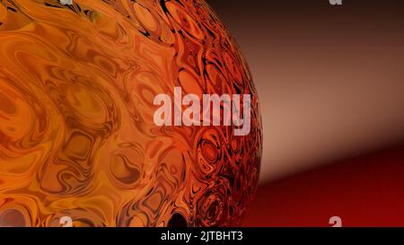 3D Rendern. Abstrakter Hintergrund mit farbigen flüssigen Muster bilden Wellen. Abstraktes Muster. Glaskugel mit oranger Farbe auf einer weißen Oberfläche mit Stockfoto