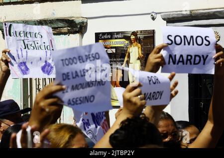 Valencia, Carabobo, Venezuela. 29. August 2022. 29. August 2022. Angehörige, Ärzte und die Zivilgesellschaft protestierten vor Gericht, um Gerechtigkeit für den abscheulichen Mord an dem Arzt, Nardi Mora, Der im Enmontado-Bereich der Bildungseinheit Guerra Mendez, wo ein medizinisches Büro von Barrio aus tätig ist und wo das Opfer arbeitete, südlich der Stadt Valencia im Bundesstaat Carabobo, zerlegt und begraben wurde.Foto: Juan Carlos Hernandez (Bild: © Juan Carlos Hernandez/ZUMA Press Wire) Stockfoto