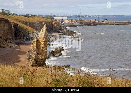 Blick nach Norden vom Nose's Point über Chemical Beach in Richtung Seaham Harobur in der Grafschaft Durham, Nordostengland. Stockfoto