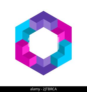 Bunte Sechseck-Form aus 3D Elementen. Vorlage für kreatives Logo. L-Schrift wiederholen. Symmetrisches geometrisches Objekt. Teamwork-Konzept. Vektor Stock Vektor