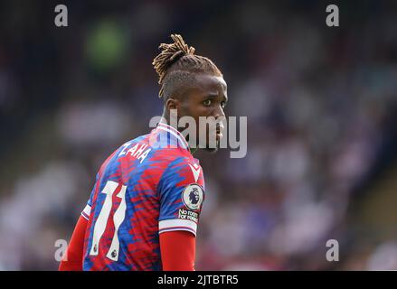 Aktenfoto vom 20-08-2022 von Wilfried Zaha. Patrick Vieira wird die Fitness von Wilfried Zaha beurteilen, bevor er seine Crystal Palace-Mannschaft für den Besuch von Brentford ernennt. Ausgabedatum: Montag, 29. August 2022. Stockfoto