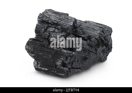 Natürliche Holzkohle isoliert auf weißem Hintergrund mit voller Schärfentiefe Stockfoto