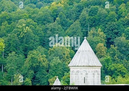 Nahaufnahme der Klosterkomplex Haghartsin mit einem dichten grünen Wald im Hintergrund, im Sommer Stockfoto